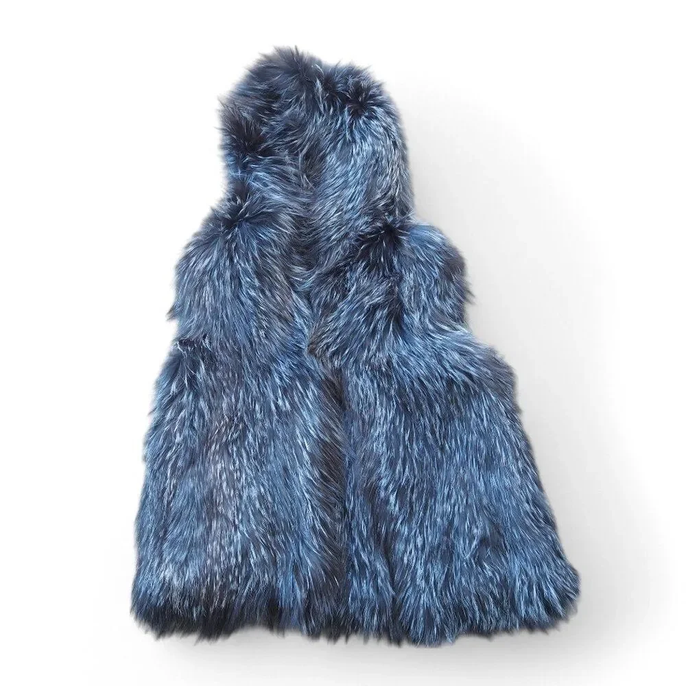 Linda Richards Genuine Silver Fox Fur Hooded Vest FK-67 Women's‎ Medium (M)